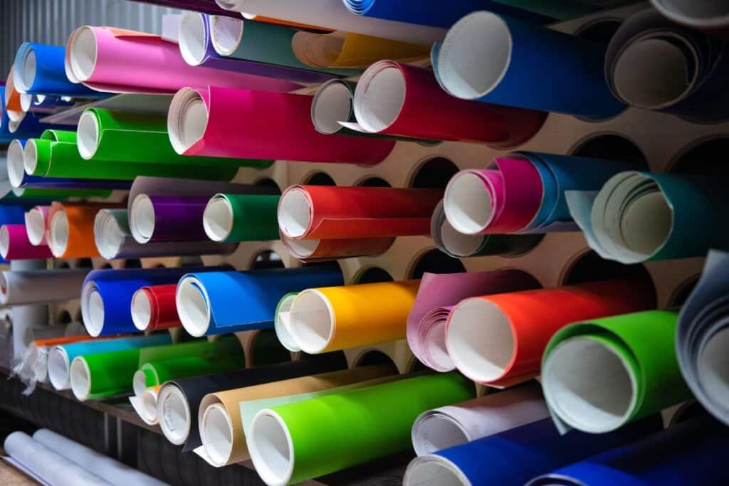 A rack with rolls of self-adhesive film